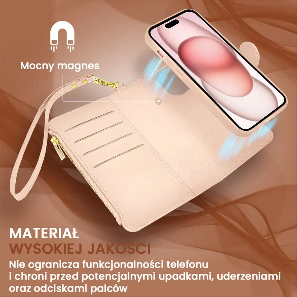Etui do iPhone 15 2w1 Magsafe Double Wallet, zestaw etui oraz kabura ze smyczą, różowe