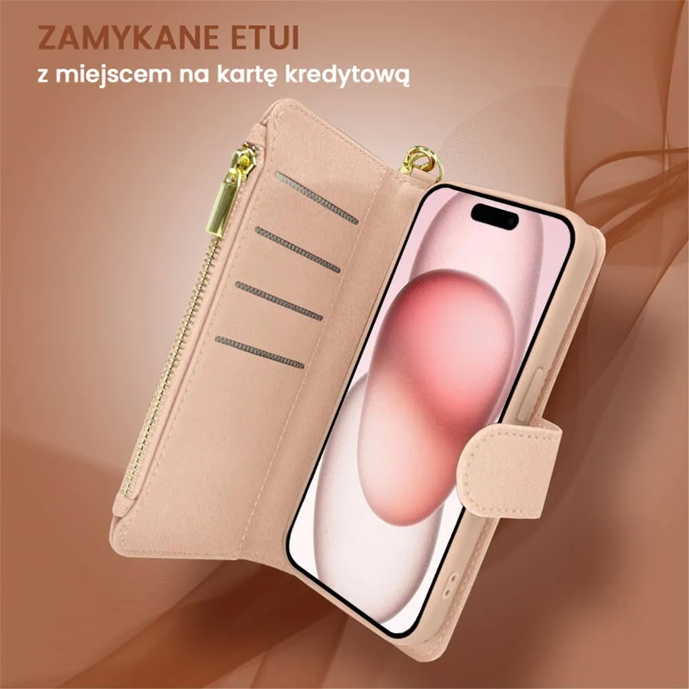 Etui do iPhone 15 2w1 Magsafe Double Wallet, zestaw etui oraz kabura ze smyczą, różowe
