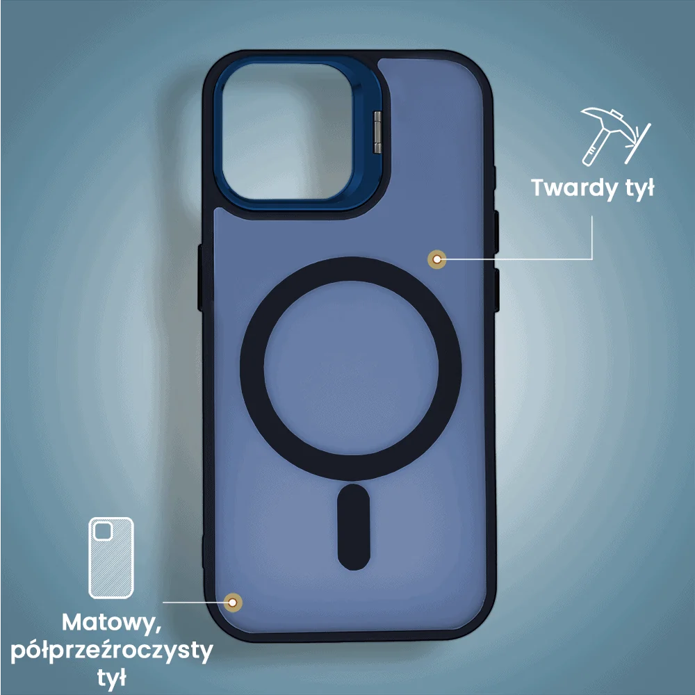 Etui do iPhone 15 Plus Arctic Stand, półprzeźroczyste, z osłoną aparatu i podstawką, głęboki niebieski