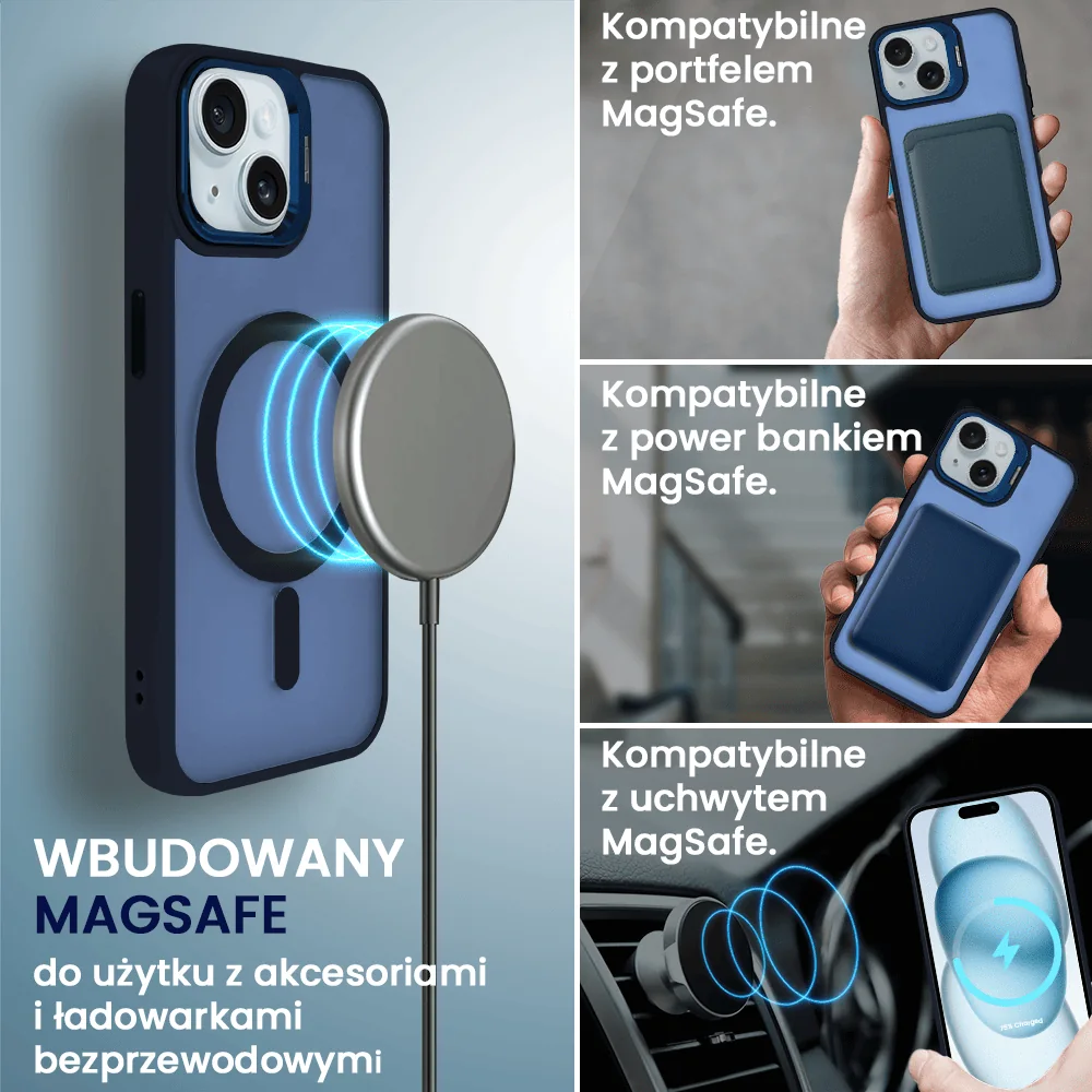 Etui do iPhone 15 Plus Arctic Stand, półprzeźroczyste, z osłoną aparatu i podstawką, głęboki niebieski