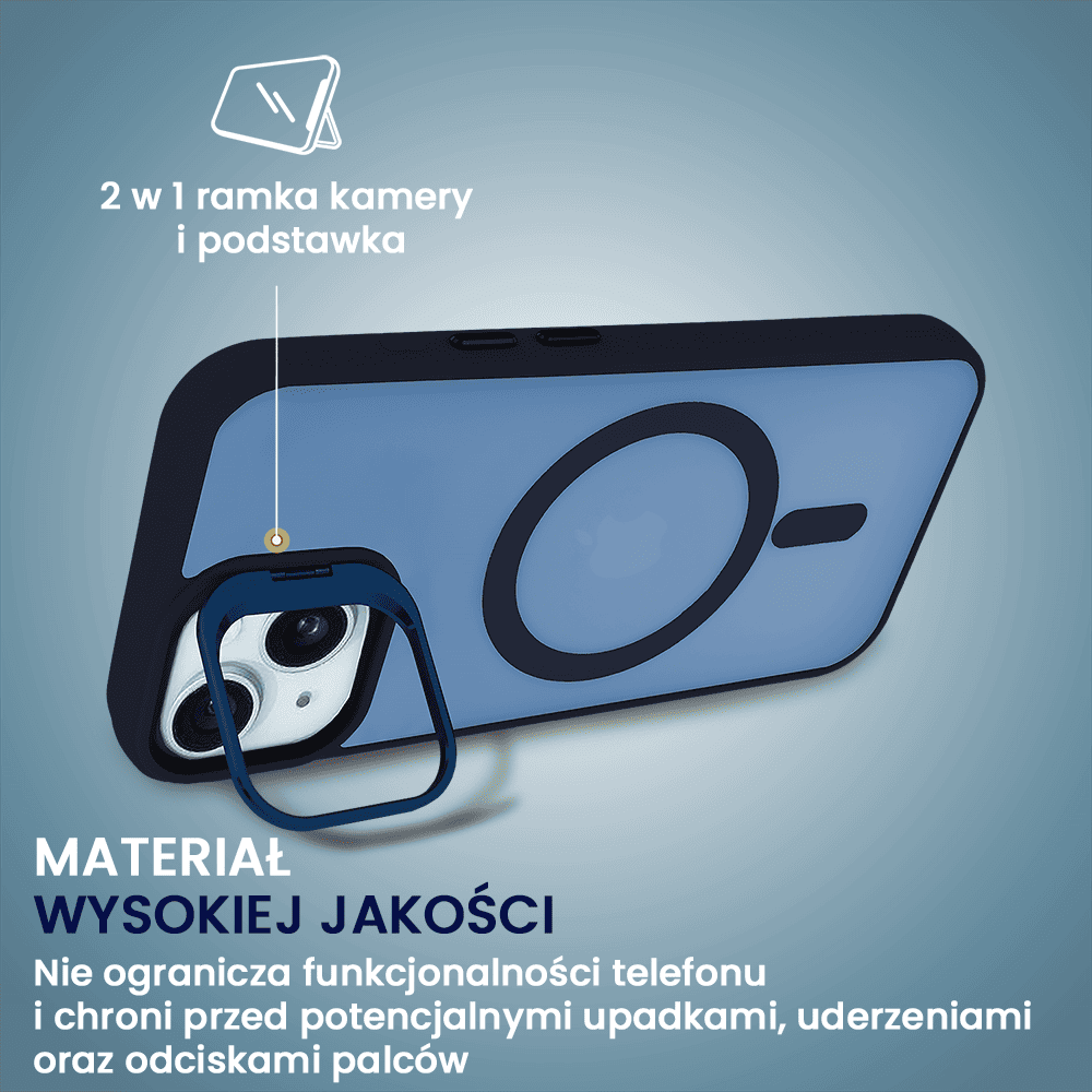 Etui do iPhone 15 Plus Arctic Stand, półprzeźroczyste, z osłoną aparatu i podstawką, głęboki niebieski