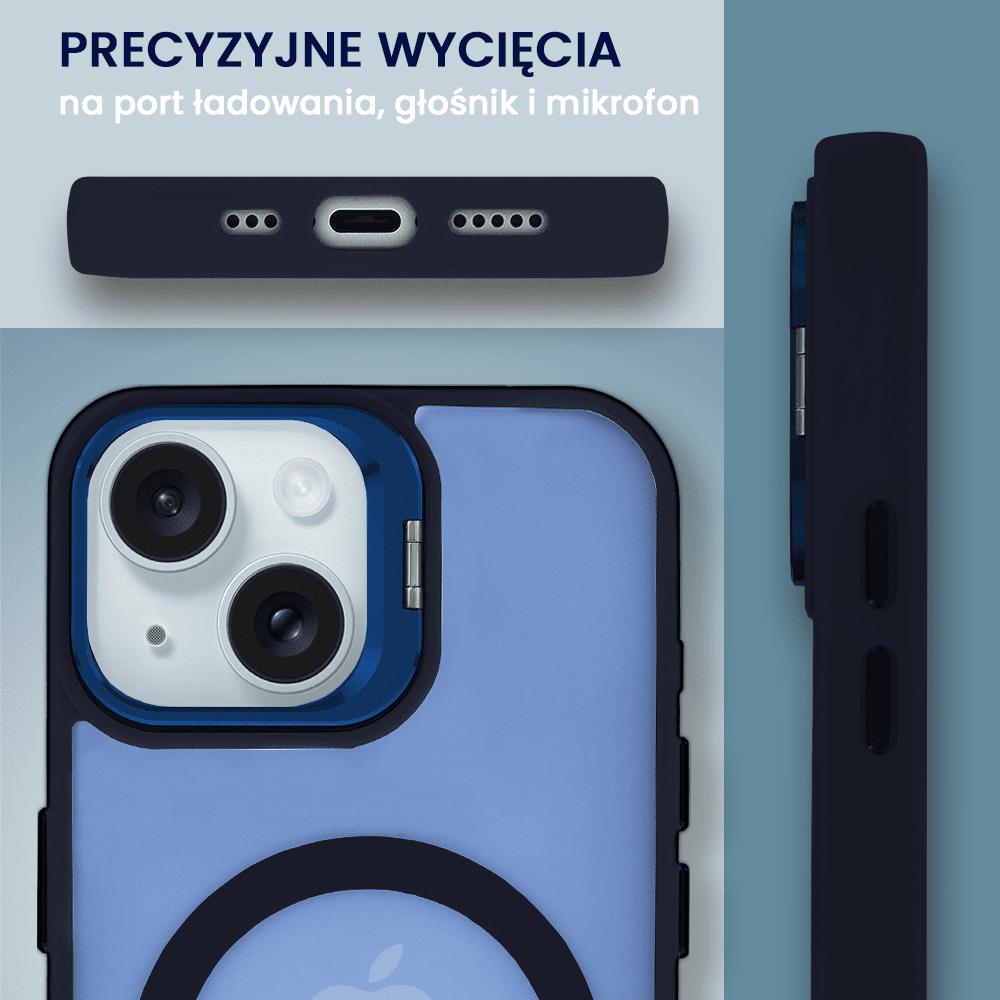 Etui do iPhone 15 Plus Arctic Stand, półprzeźroczyste, z osłoną aparatu i podstawką, głęboki niebieski