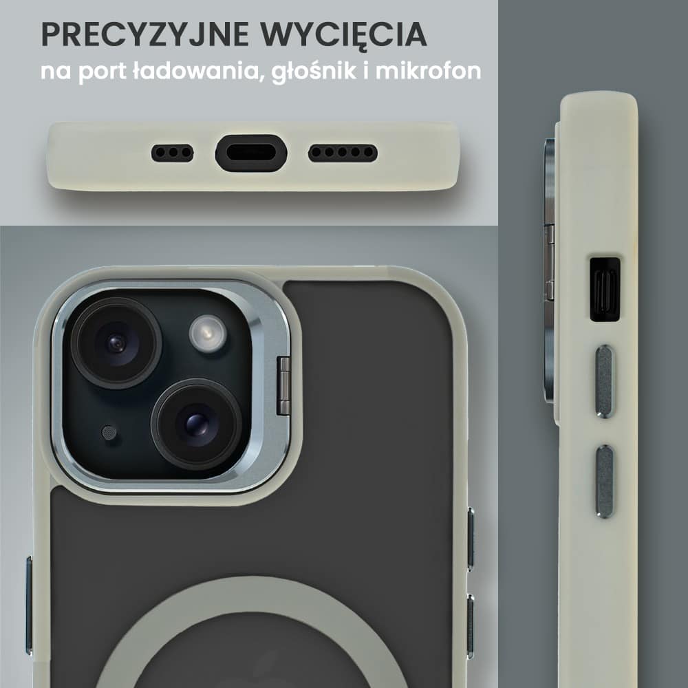 Etui do iPhone 15 Plus Arctic Stand, półprzeźroczyste, z osłoną aparatu i podstawką, tytanowe