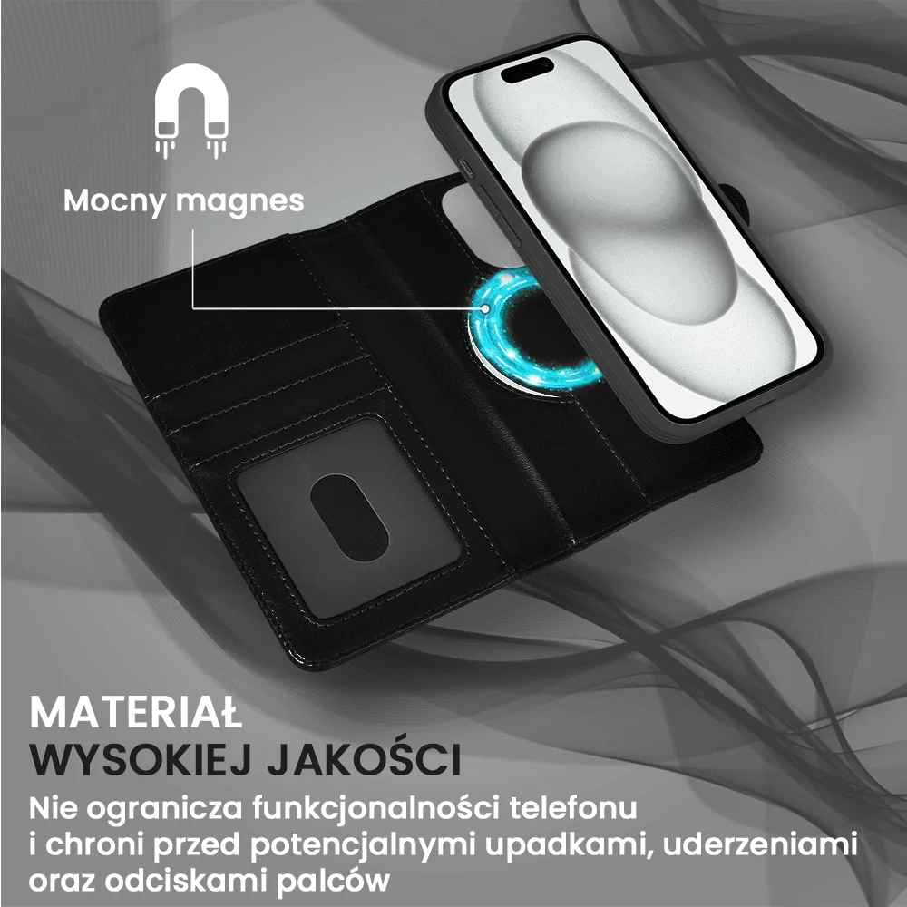 Etui do iPhone 15 Plus 3w1 Magsafe Double Book, zestaw etui oraz kabura z podstawką, czarne