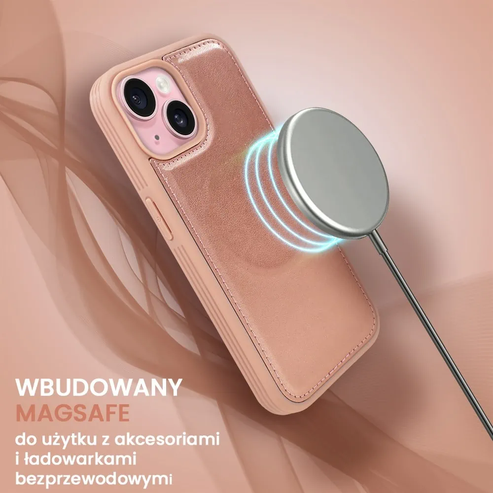 Etui do iPhone 15 3w1 Magsafe Double Book, zestaw etui oraz kabura z podstawką, różowe złoto