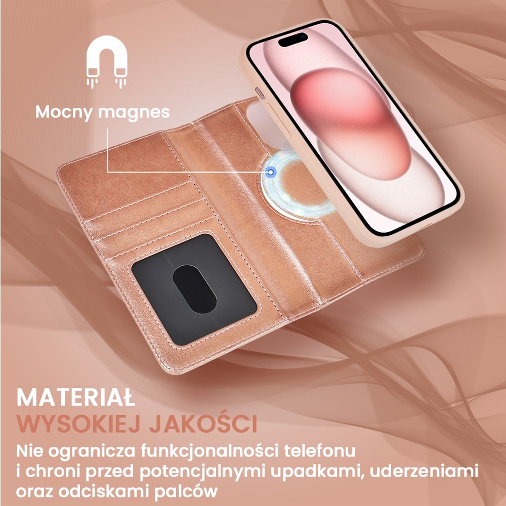 Etui do iPhone 15 3w1 Magsafe Double Book, zestaw etui oraz kabura z podstawką, różowe złoto