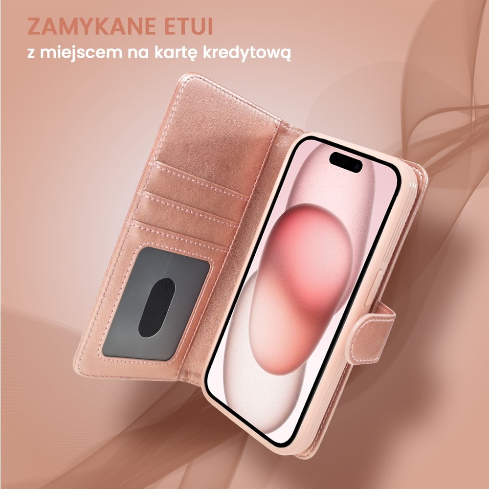 Etui do iPhone 15 3w1 Magsafe Double Book, zestaw etui oraz kabura z podstawką, różowe złoto