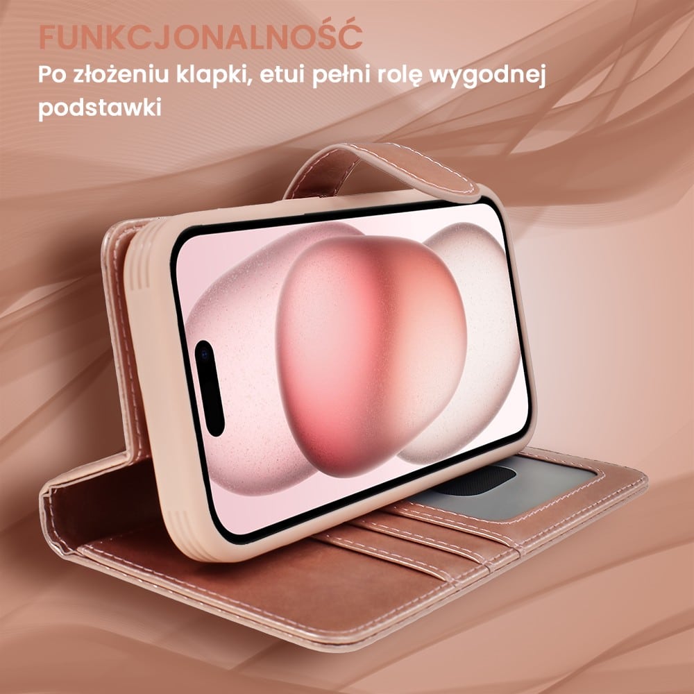 Etui do iPhone 15 3w1 Magsafe Double Book, zestaw etui oraz kabura z podstawką, różowe złoto