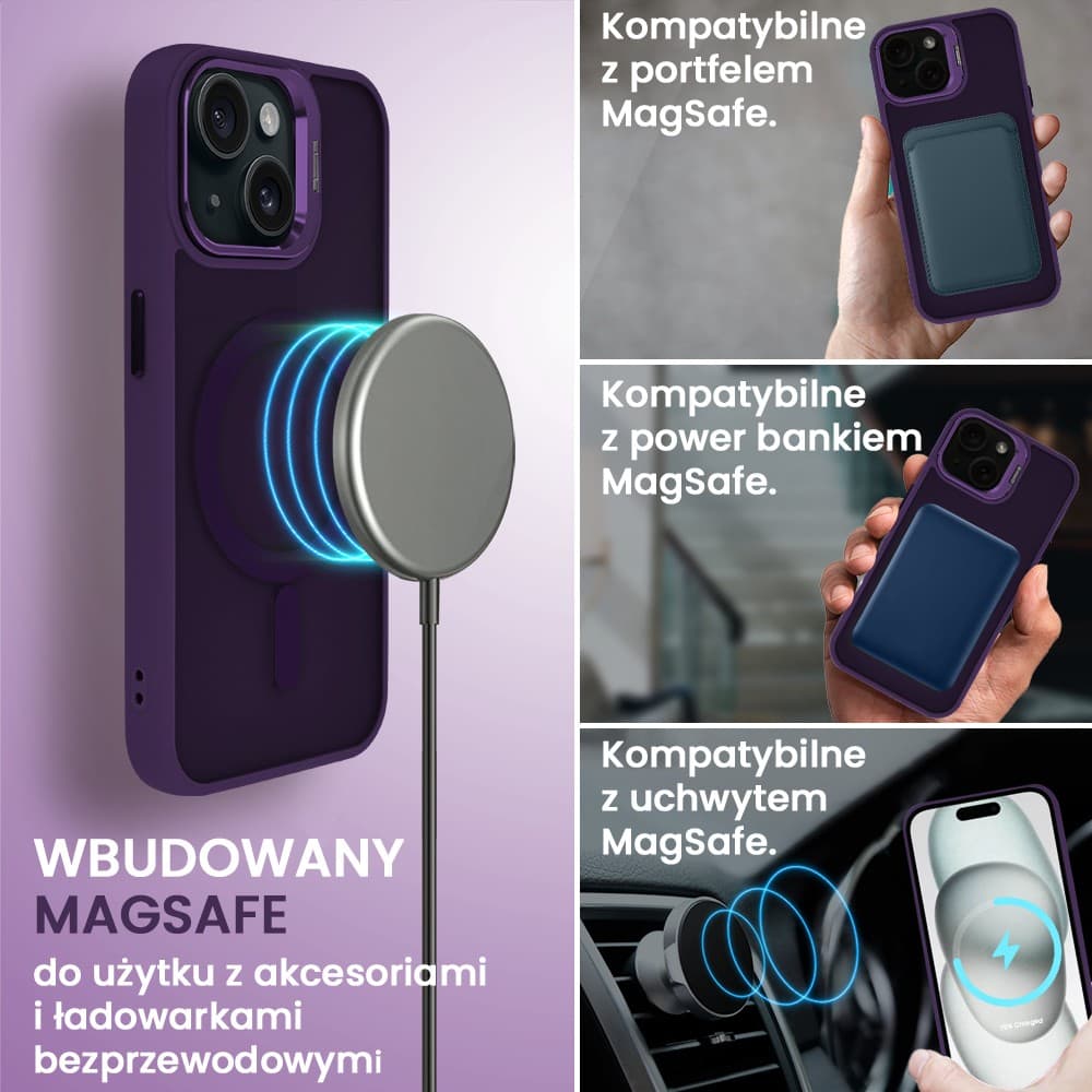 Etui do iPhone 15 Plus Arctic Stand, półprzeźroczyste, z osłoną aparatu i podstawką, głęboka purpura