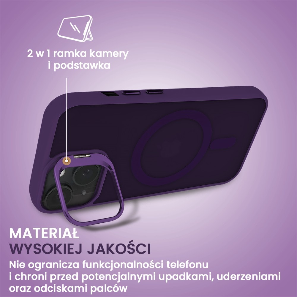 Etui do iPhone 15 Plus Arctic Stand, półprzeźroczyste, z osłoną aparatu i podstawką, głęboka purpura
