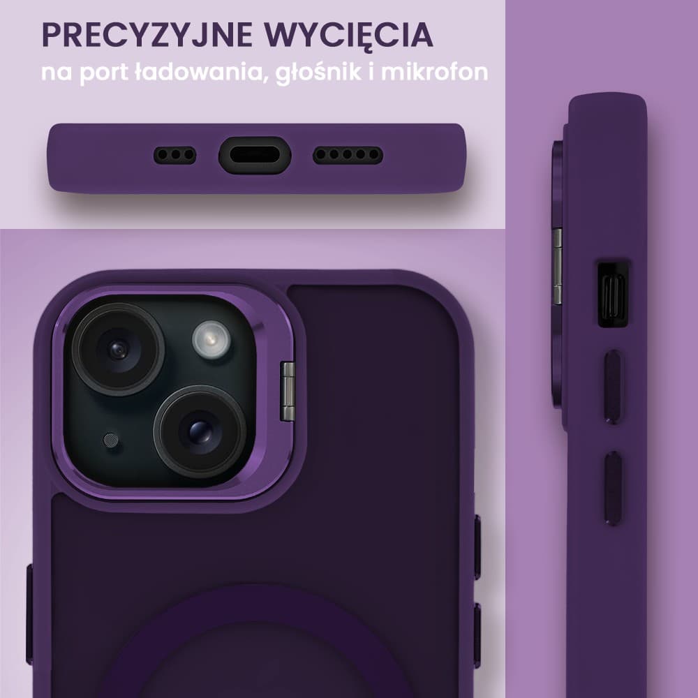 Etui do iPhone 15 Plus Arctic Stand, półprzeźroczyste, z osłoną aparatu i podstawką, głęboka purpura