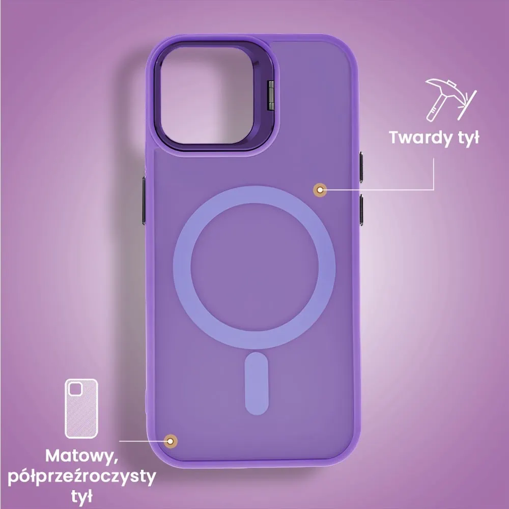 Etui do iPhone 15 Arctic Stand, półprzeźroczyste, z osłoną aparatu i podstawką, purpurowe