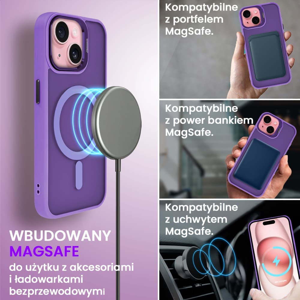 Etui do iPhone 15 Arctic Stand, półprzeźroczyste, z osłoną aparatu i podstawką, purpurowe