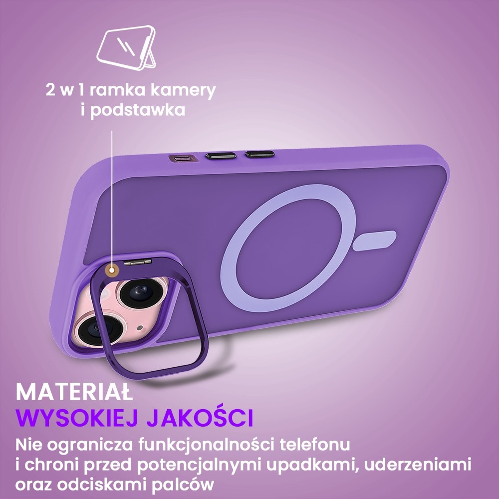 Etui do iPhone 15 Arctic Stand, półprzeźroczyste, z osłoną aparatu i podstawką, purpurowe