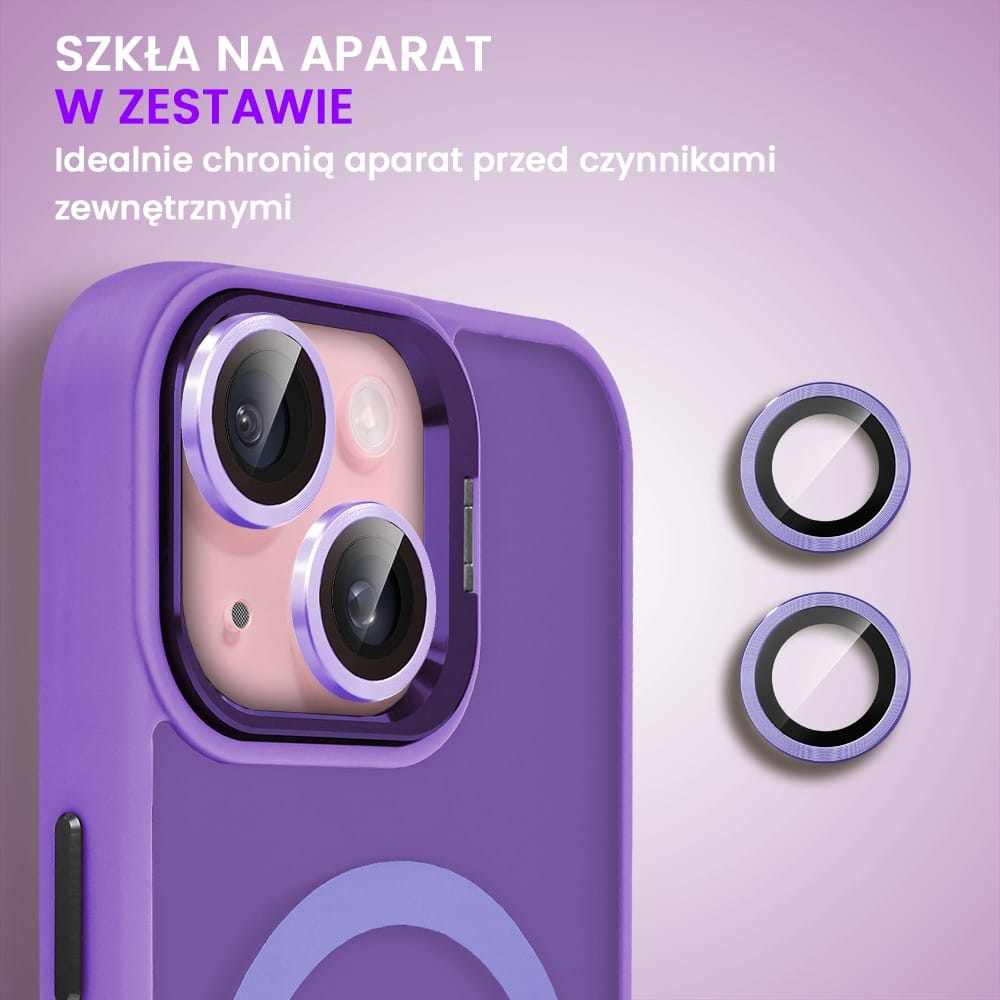 Etui do iPhone 15 Arctic Stand, półprzeźroczyste, z osłoną aparatu i podstawką, purpurowe