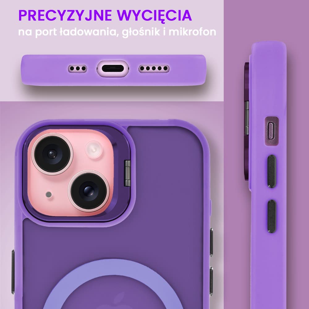 Etui do iPhone 15 Arctic Stand, półprzeźroczyste, z osłoną aparatu i podstawką, purpurowe