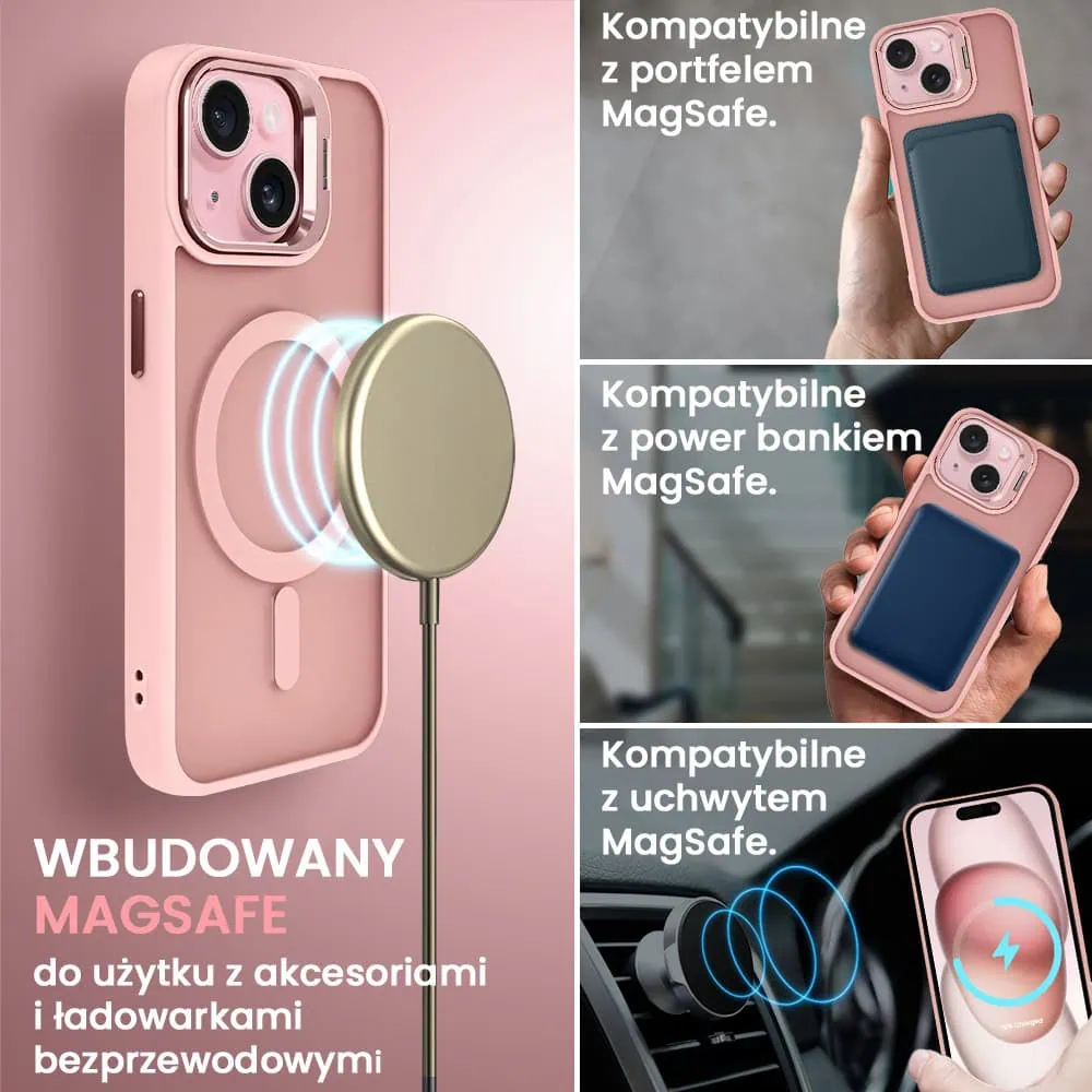 Etui do iPhone 15 Plus Arctic Stand, półprzeźroczyste, z osłoną aparatu i podstawką, różowe