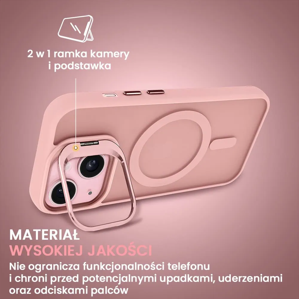 Etui do iPhone 15 Plus Arctic Stand, półprzeźroczyste, z osłoną aparatu i podstawką, różowe