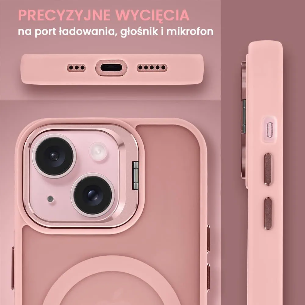 Etui do iPhone 15 Plus Arctic Stand, półprzeźroczyste, z osłoną aparatu i podstawką, różowe