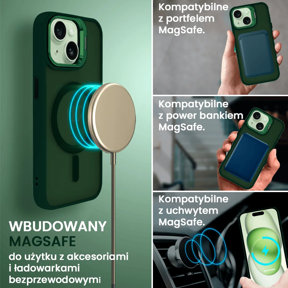 Etui do iPhone 15 Arctic Stand, półprzeźroczyste, z osłoną aparatu i podstawką, zielone