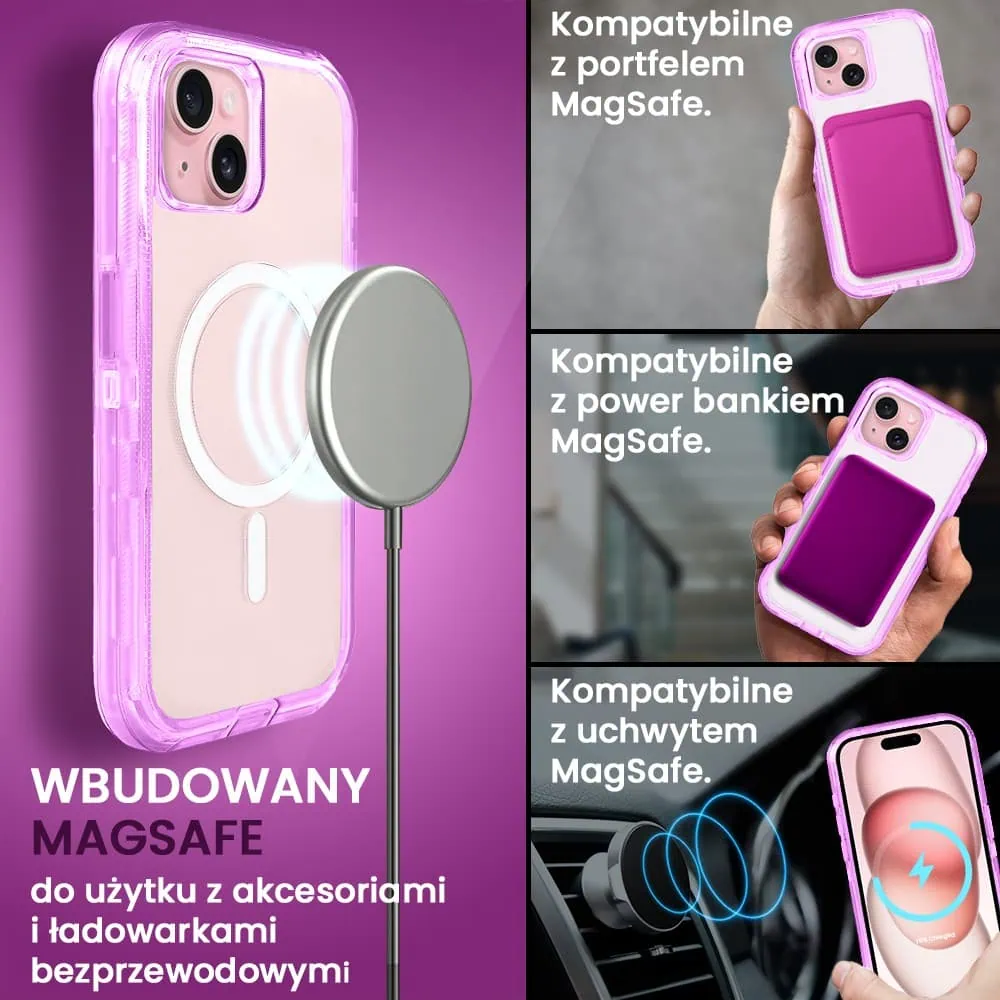Etui do iPhone 15 Plus Crystal Armor Magsafe, Anti-Drop pancerne 3w1, ametyst