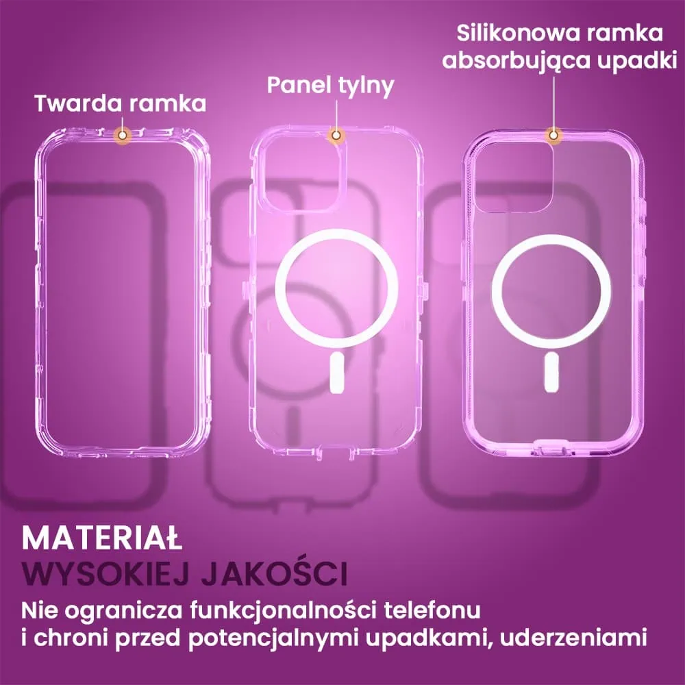 etui do iphone 15 plus crystal armor magsafe, anti drop pancerne 3w1, fioletowe