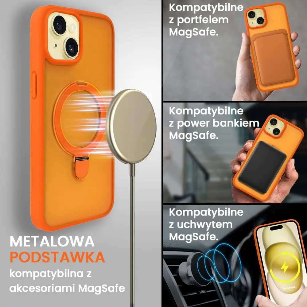 Etui do iPhone 15 Plus Frosted Armor Stand 3w1 z podstawka i ochrona aparatu, pomarańczowe