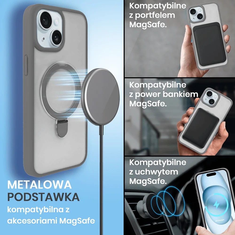 Etui do iPhone 15 Frosted Armor Stand 3w1 z podstawka i ochrona aparatu, szare