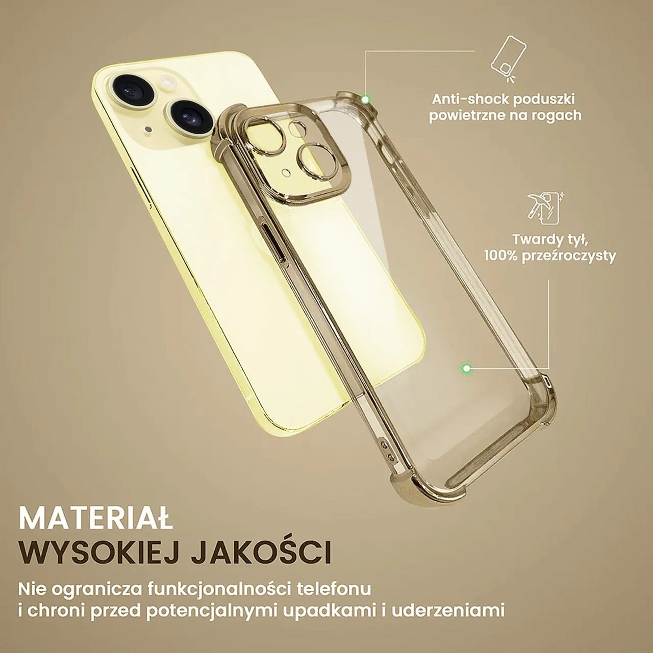 Etui do iPhone 15 Plus Hybrid Elegance Anti-Shock z osłoną na aparat i poduszkami, złote (OUTLET)