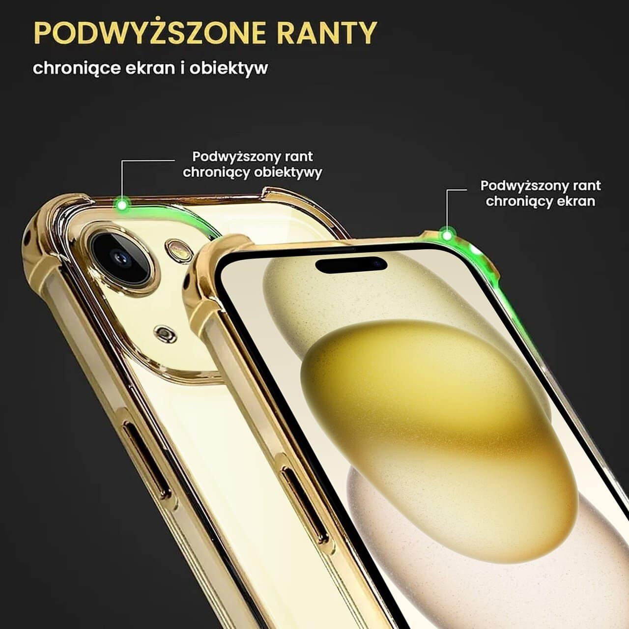 Etui do iPhone 15 Plus Hybrid Elegance Anti-Shock z osłoną na aparat i poduszkami, złote (OUTLET)