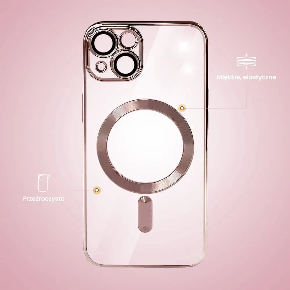 Etui do iPhone 15 Plus MagSafe Luxury Protect przeźroczyste, hybrydowa ochrona kamery, różowe złoto