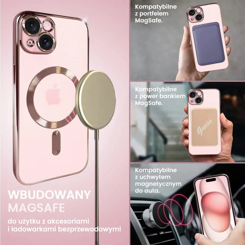 Etui do iPhone 15 Plus MagSafe Luxury Protect przeźroczyste, hybrydowa ochrona kamery, różowe złoto