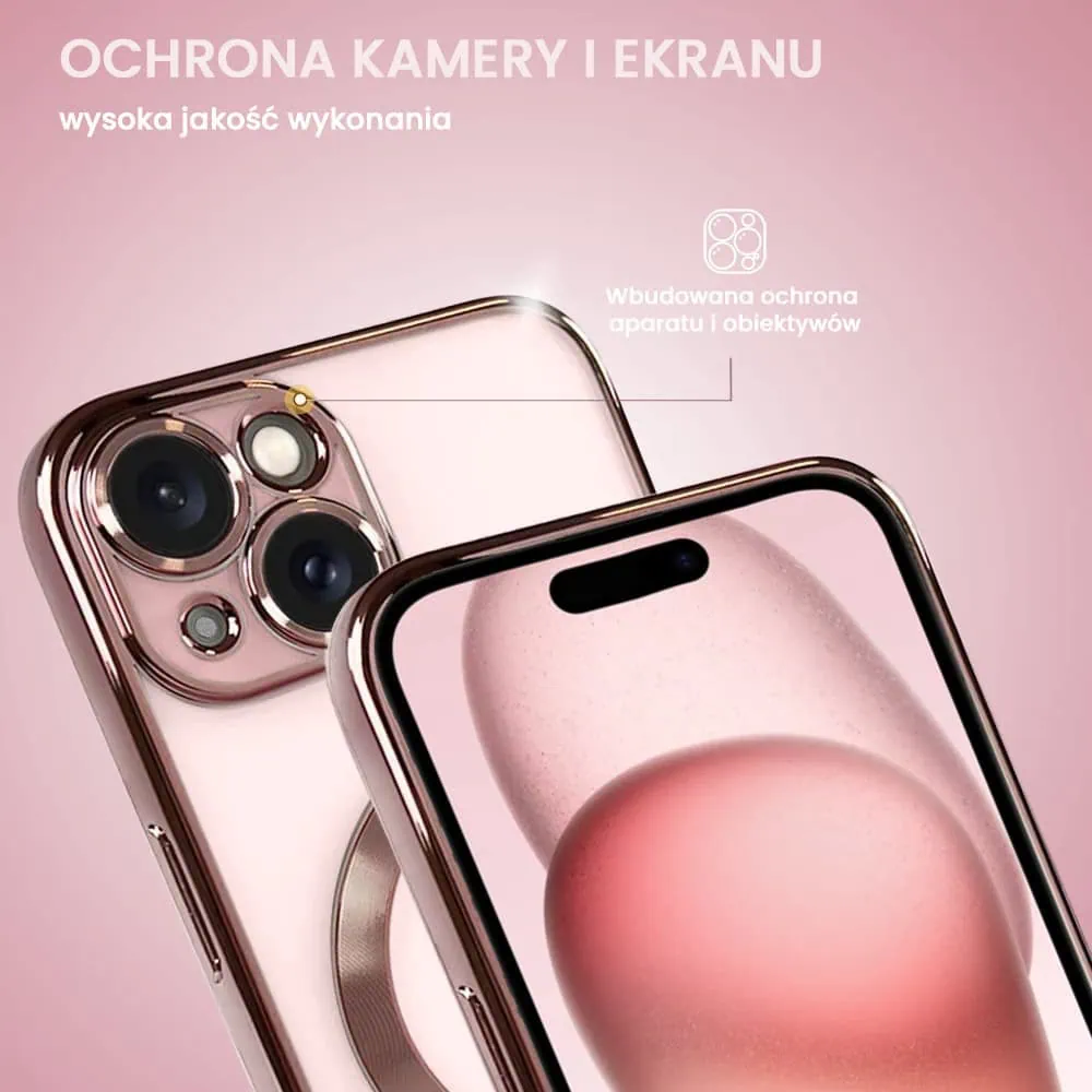 Etui do iPhone 15 Plus MagSafe Luxury Protect przeźroczyste, hybrydowa ochrona kamery, różowe złoto