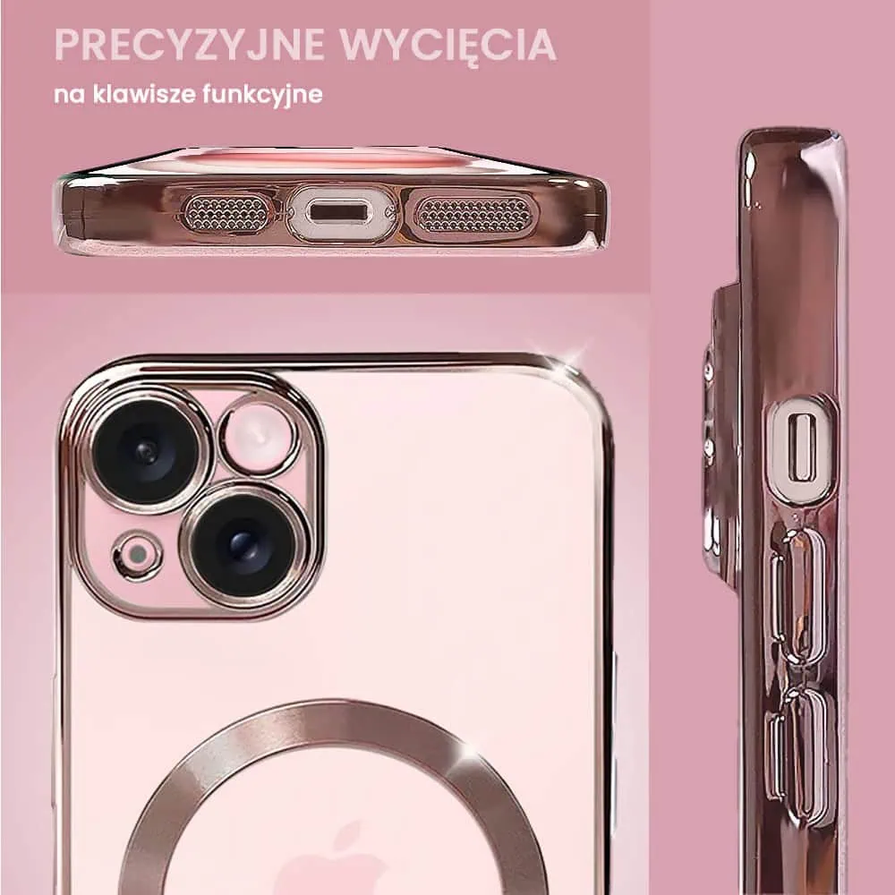Etui do iPhone 15 Plus MagSafe Luxury Protect przeźroczyste, hybrydowa ochrona kamery, różowe złoto