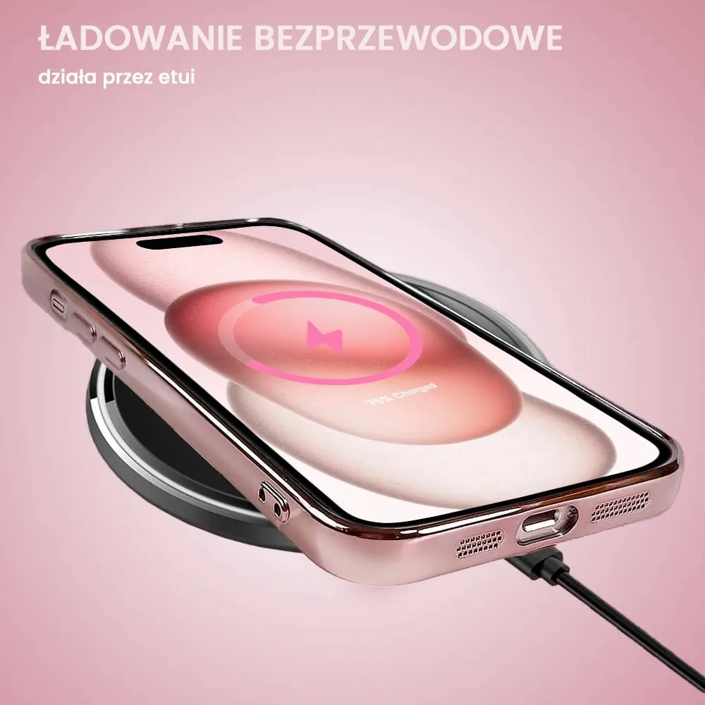 Etui do iPhone 15 Plus MagSafe Luxury Protect przeźroczyste, hybrydowa ochrona kamery, różowe złoto