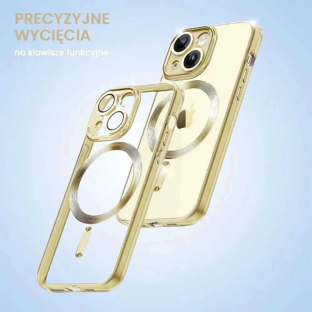 Etui do iPhone 15 Plus MagSafe Luxury Protect przeźroczyste, hybrydowa ochrona kamery, złote