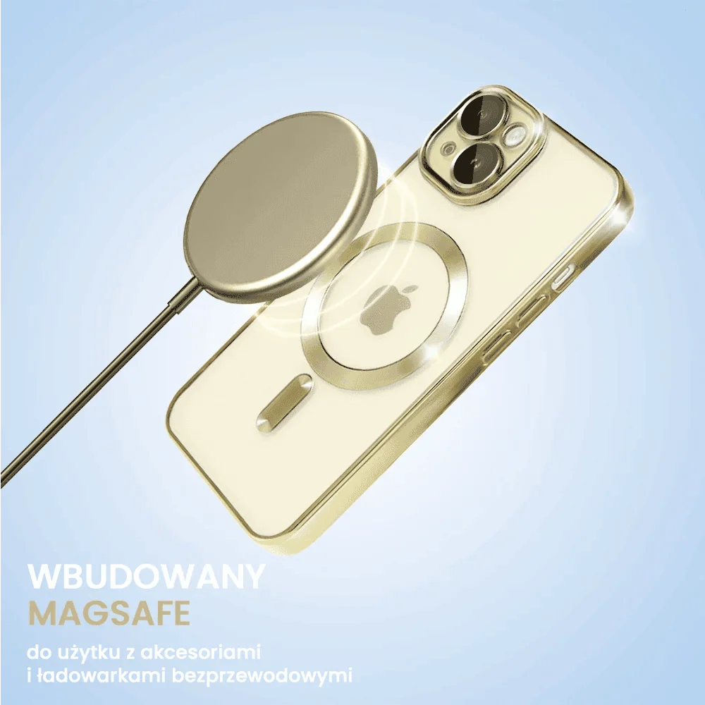 Etui do iPhone 15 Plus MagSafe Luxury Protect przeźroczyste, hybrydowa ochrona kamery, złote