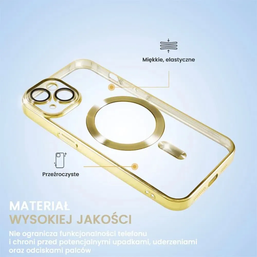 Etui do iPhone 15 Plus MagSafe Luxury Protect przeźroczyste, hybrydowa ochrona kamery, złote