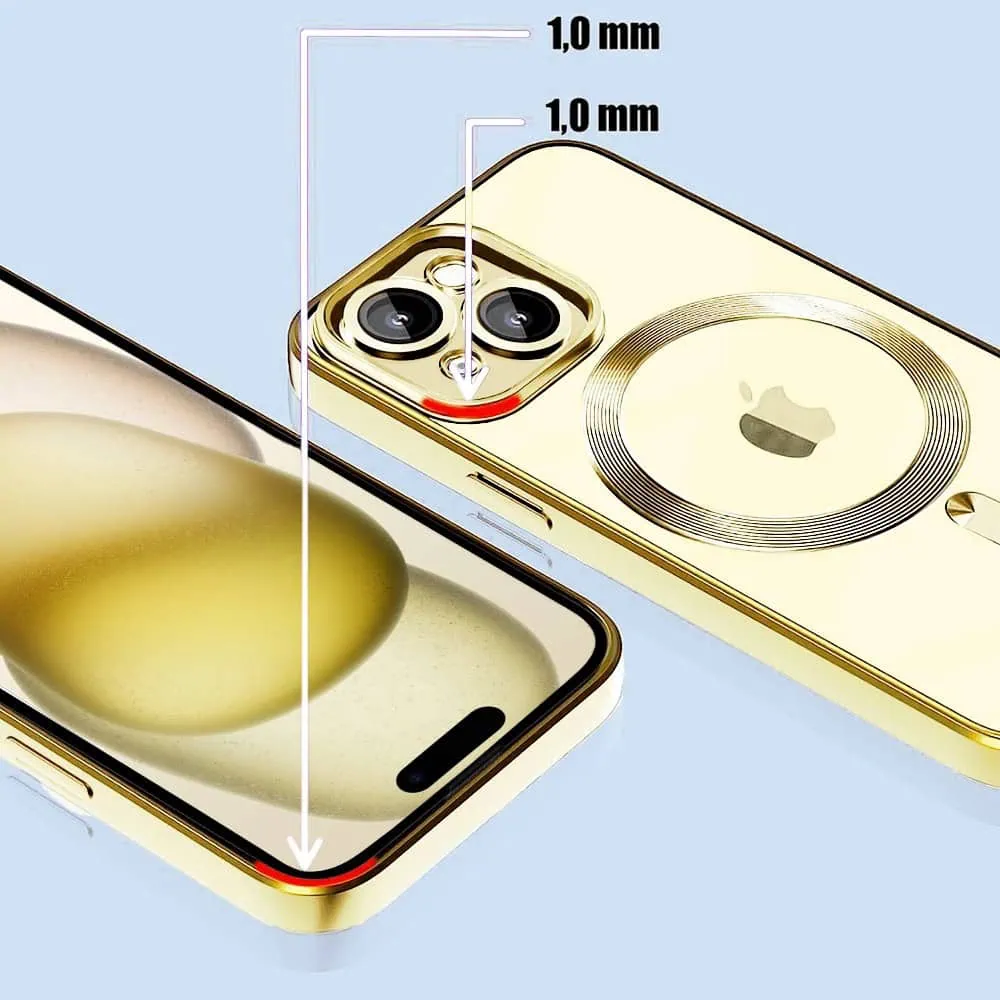 Etui do iPhone 15 Plus MagSafe Luxury Protect przeźroczyste, hybrydowa ochrona kamery, złote
