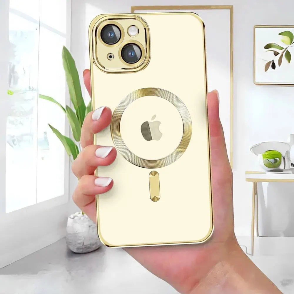 Etui do iPhone 15 Plus MagSafe Luxury Protect przeźroczyste, hybrydowa ochrona kamery, złote