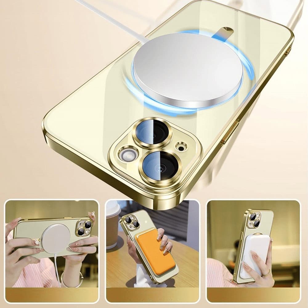 Etui do iPhone 15 Plus MagSafe Luxury Protect przeźroczyste, hybrydowa ochrona kamery, złote
