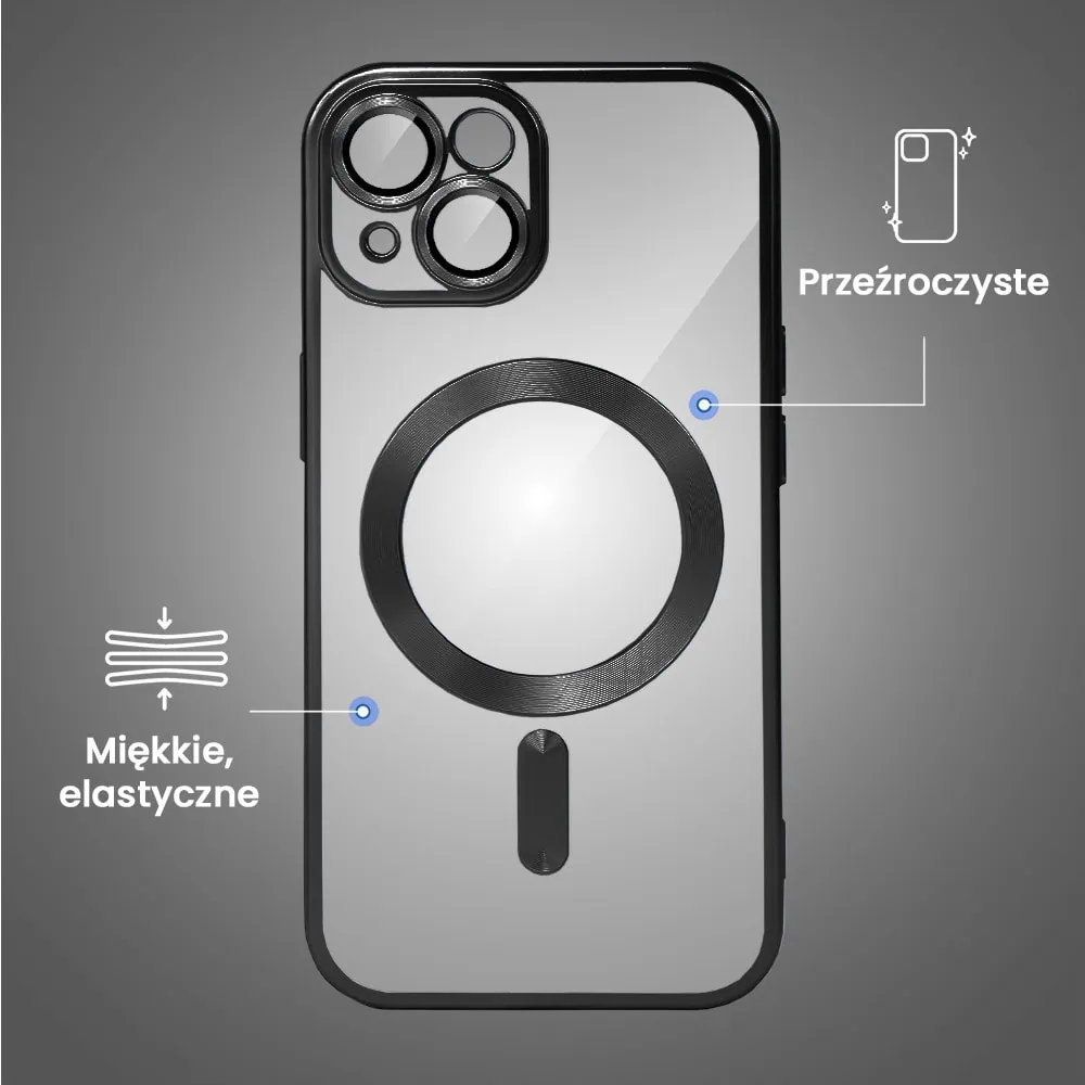 Etui do iPhone 15 Plus MagSafe Luxury Protect przeźroczyste, z osłoną aparatu, Titanium Finish, czarne