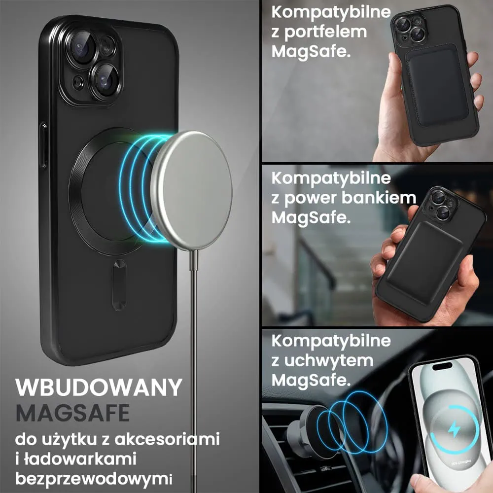 Etui do iPhone 15 Plus MagSafe Luxury Protect przeźroczyste, z osłoną aparatu, Titanium Finish, czarne