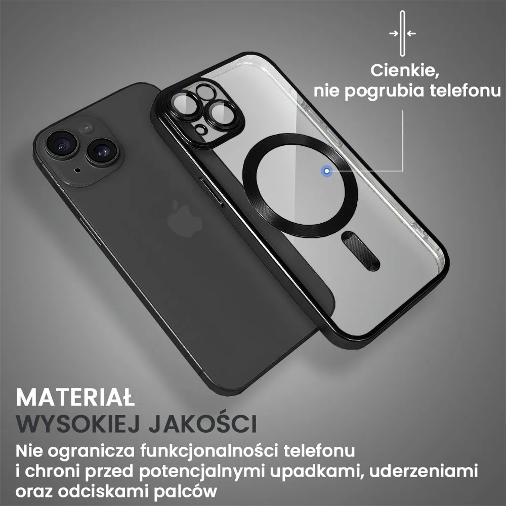 Etui do iPhone 15 Plus MagSafe Luxury Protect przeźroczyste, z osłoną aparatu, Titanium Finish, czarne