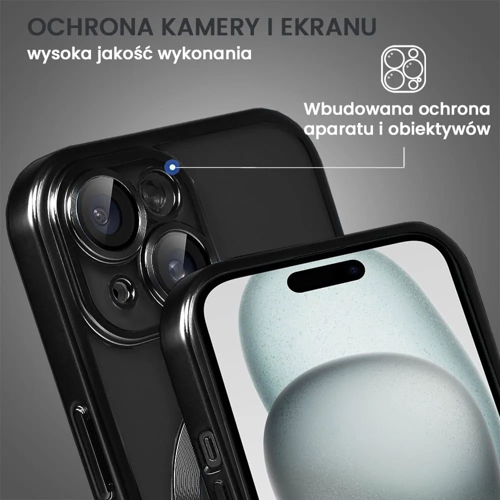 Etui do iPhone 15 Plus MagSafe Luxury Protect przeźroczyste, z osłoną aparatu, Titanium Finish, czarne
