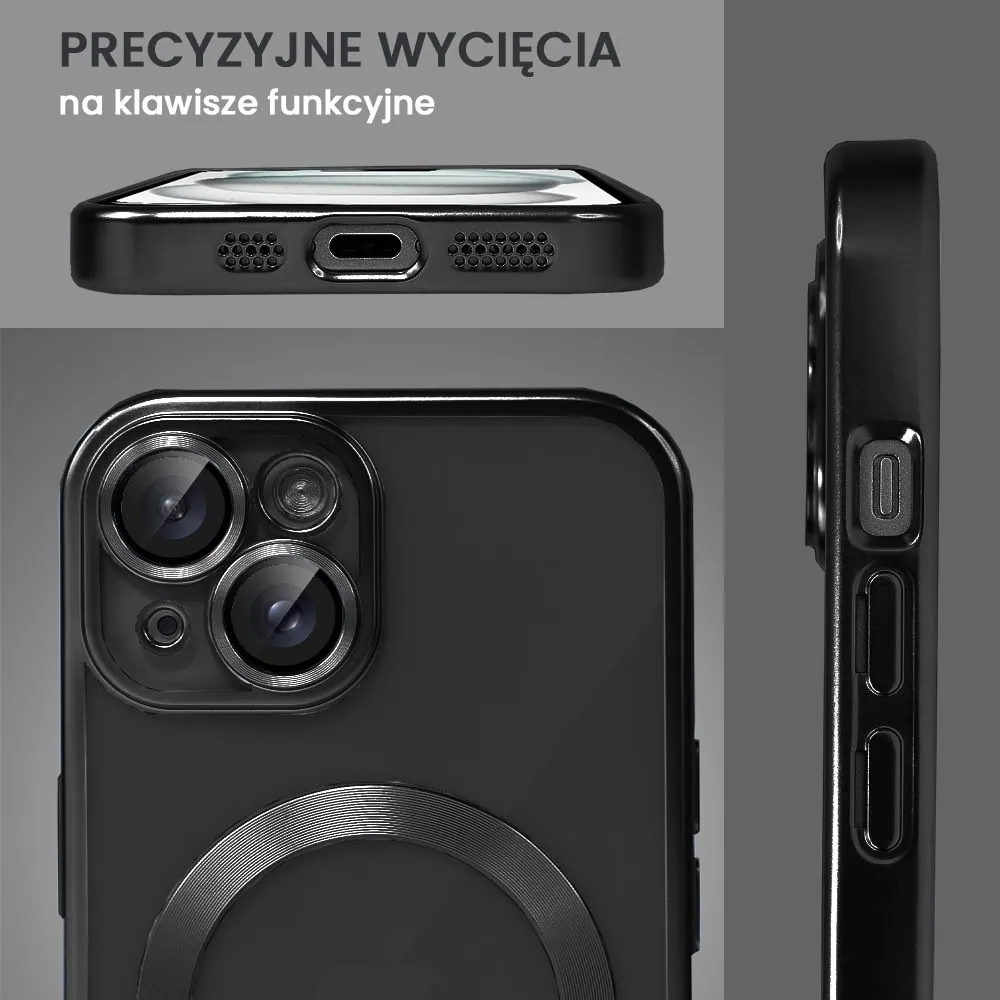 Etui do iPhone 15 Plus MagSafe Luxury Protect przeźroczyste, z osłoną aparatu, Titanium Finish, czarne