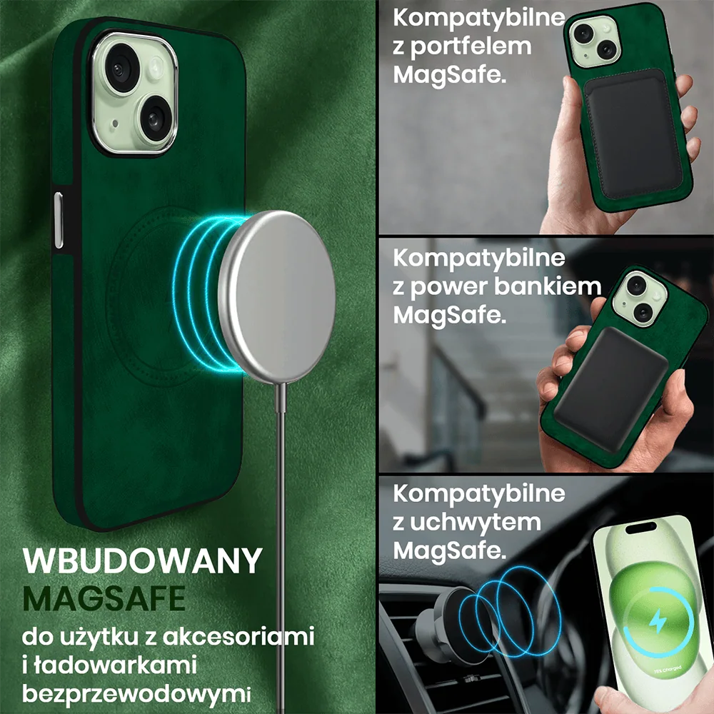 Etui do iPhone 15 Plus Magsafe Business Leather, eleganckie, przyjemne w dotyku, zielone