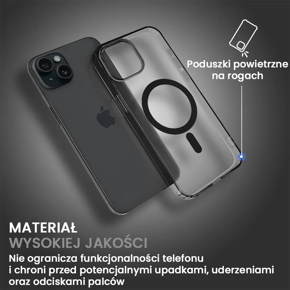 Etui do iPhone 15, MagSafe Frosted Skin, cienkie, półprzeźroczyste, czarne