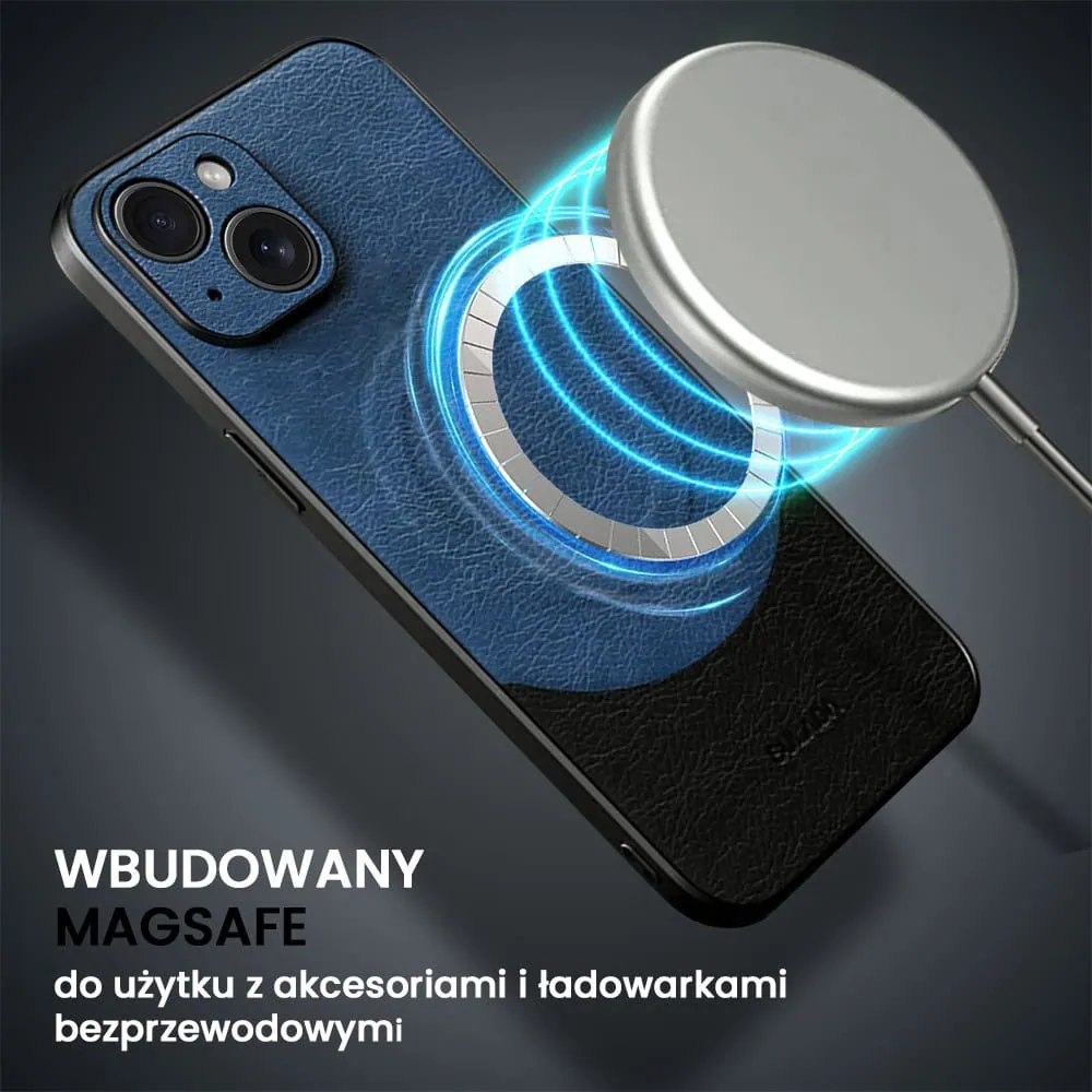 Etui do iPhone 15 Plus Magsafe Leather Protect eleganckie skórzane, Sulada Original, granatowo-czarne