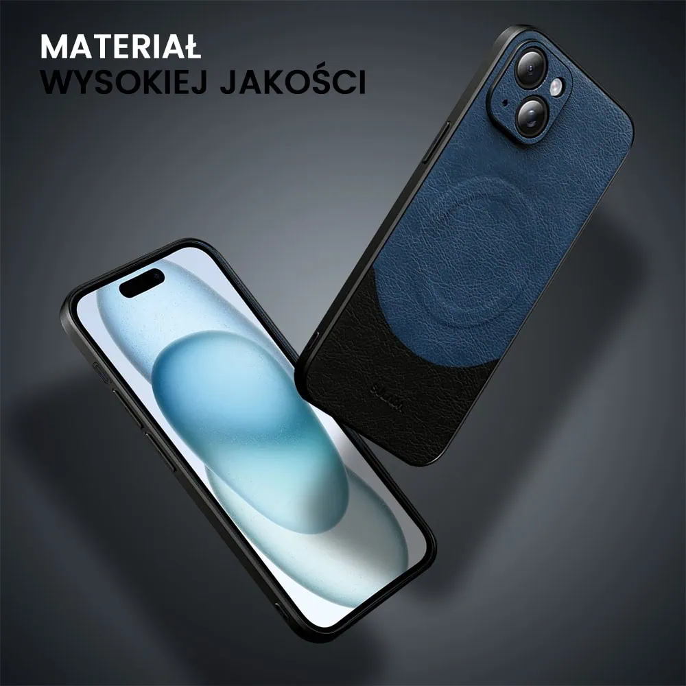 Etui do iPhone 15 Plus Magsafe Leather Protect eleganckie skórzane, Sulada Original, granatowo-czarne